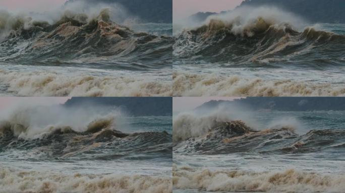 暴风雨。大西洋强风暴期间，海岸上有泡沫和污垢的大浪破裂