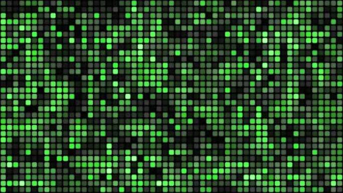 黑色背景循环上的绿色浮动网络方块。慢速混沌像素拼接无缝动画。