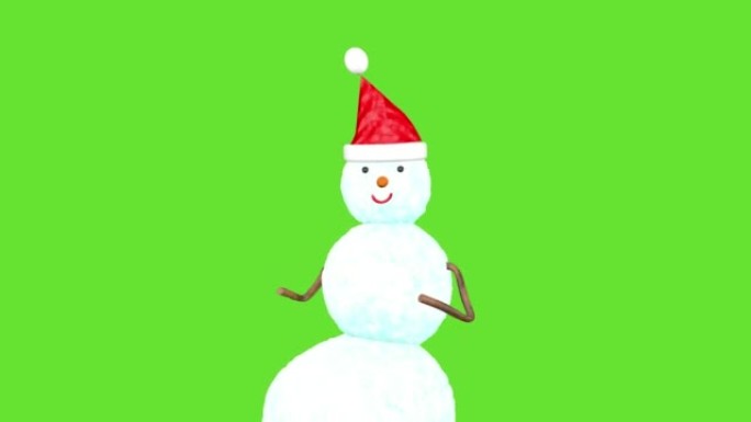 有趣的雪人在绿屏背景上跳舞。3D循环动画。