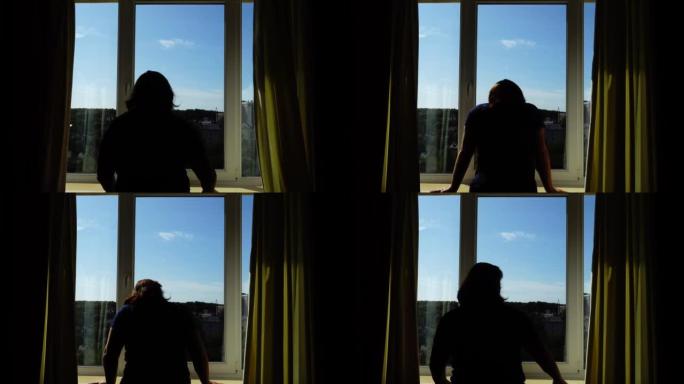 女人早上打开窗帘，看着窗外。阳光照进房间。