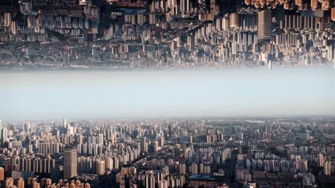 倒置镜像城市景观的空中拍摄-电影摄影概念