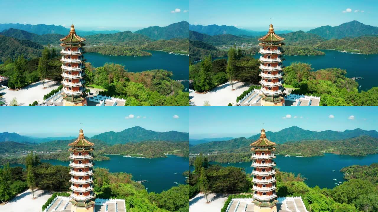 台湾日月潭慈恩塔鸟瞰图。