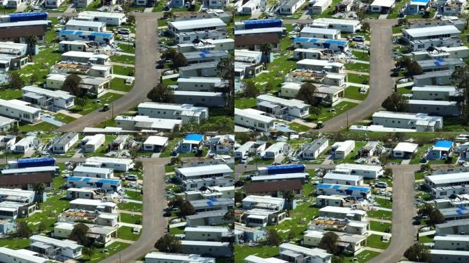 飓风伊恩在佛罗里达居民区后严重受损的移动房屋。自然灾害的后果