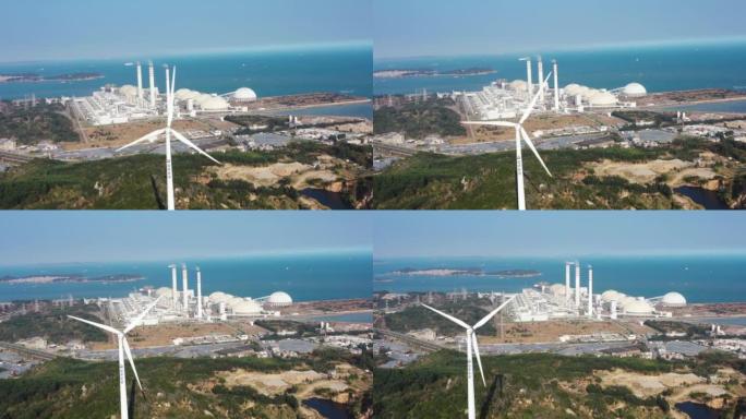 风力发电机组和火力发电站，新能源与传统能源形成鲜明对比