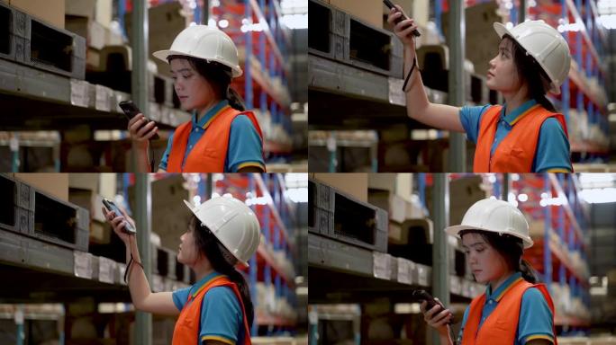 4K，大型仓库中的特写亚洲女员工使用条形码扫描仪扫描板条箱的商品，检查货架上的产品数量。穿着安全衫和