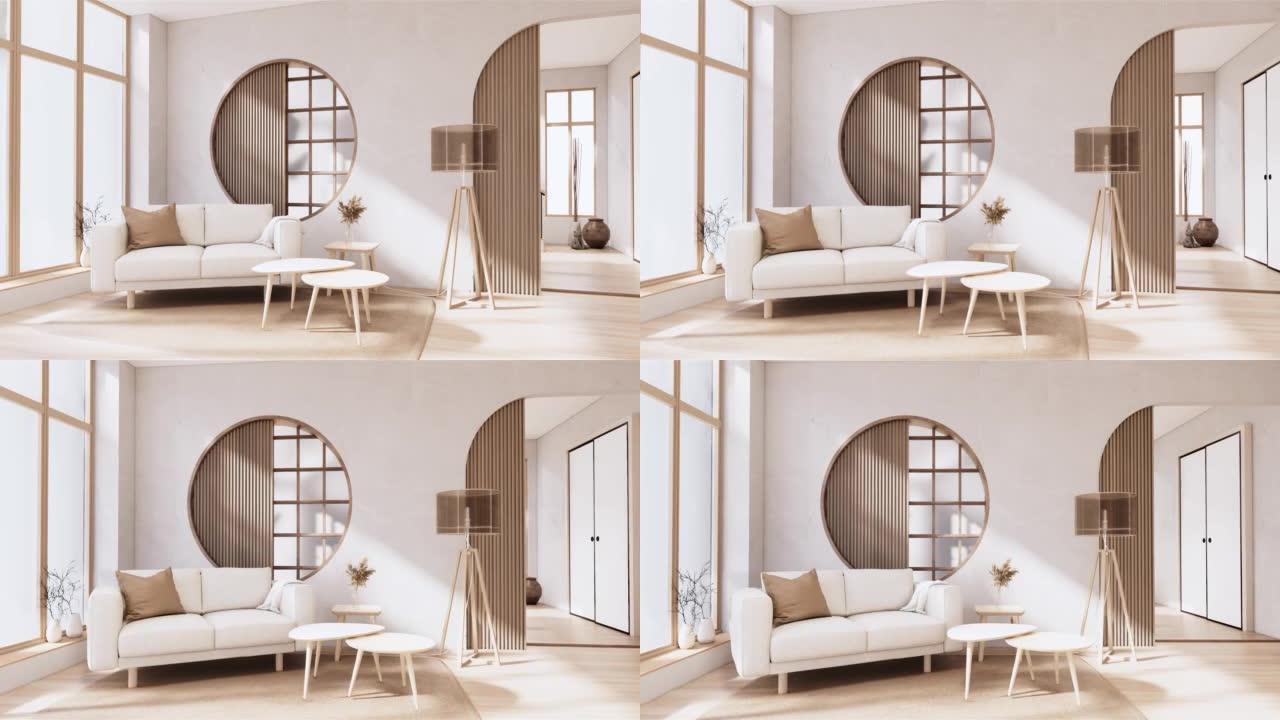 客厅沙发扶手椅空日本风格。3d渲染