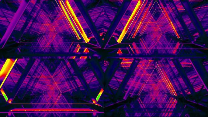 带有射线和霓虹灯管的三角隧道空间背景的未来抽象动画。发光的几何隧道创意动画。带有三角形概念的抽象走廊