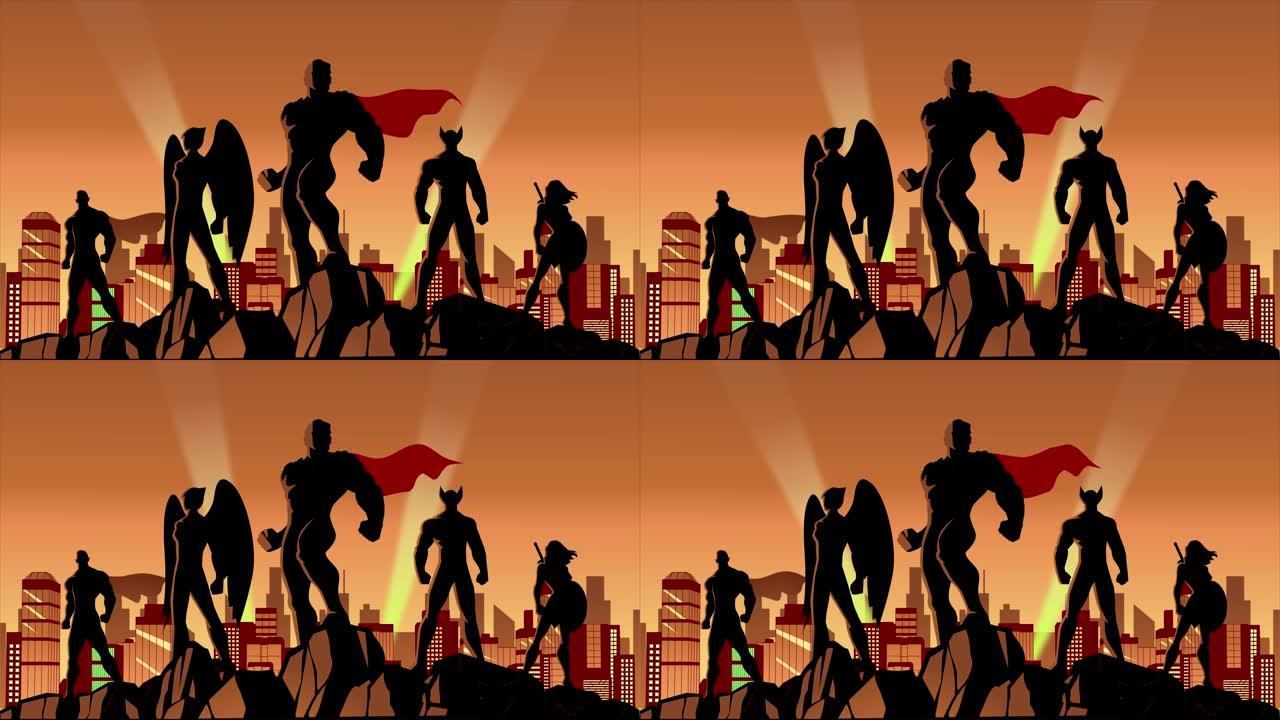 循环动画超级英雄团队剪影在一个城市流动的斗篷和头发库存视频
