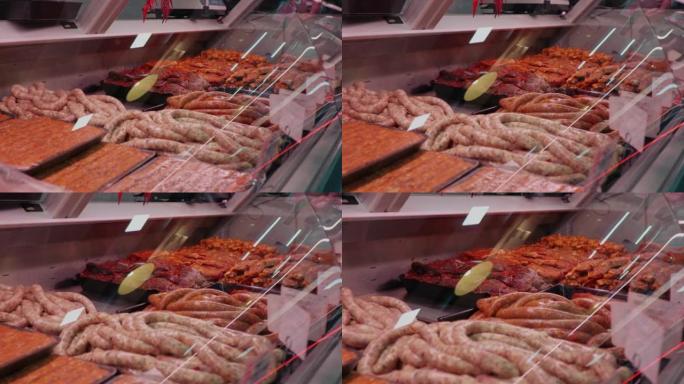 肉店多种肉类生产的橱窗布局。