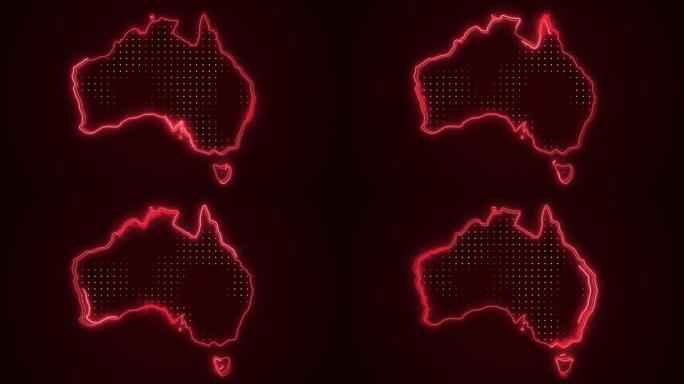 霓虹红色澳大利亚地图边框轮廓循环背景