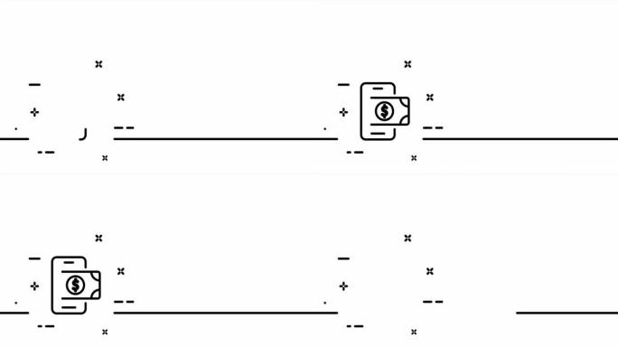 带美元钞票的电话。现金转账，银行app，手，箭，工资，收入，储蓄财务管理理念。一个线条画动画。运动设