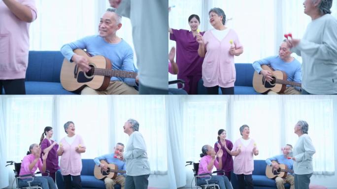 老年朋友和照顾者他们聚集在一起参加各种活动。周末如唱歌、跳舞、弹吉他和聊天。