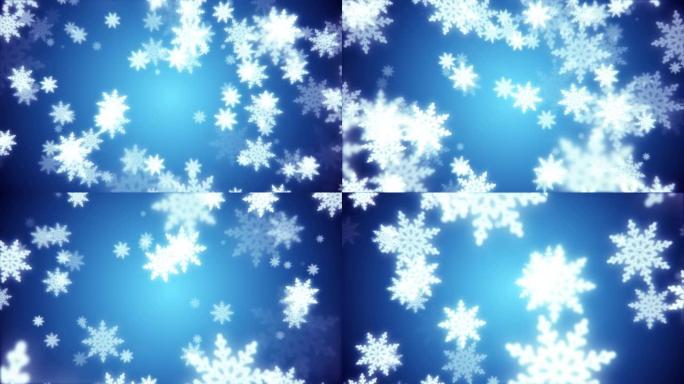 美丽的节日蓝色圣诞新年雪花闪耀着飘落的光芒，模糊效果和蓝色背景上的散景。摘要背景。屏幕保护程序，高质
