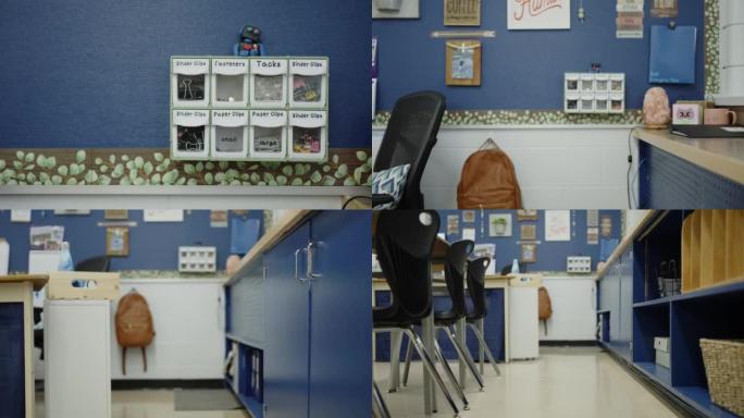 充满课桌椅的现代教室里的学校用品