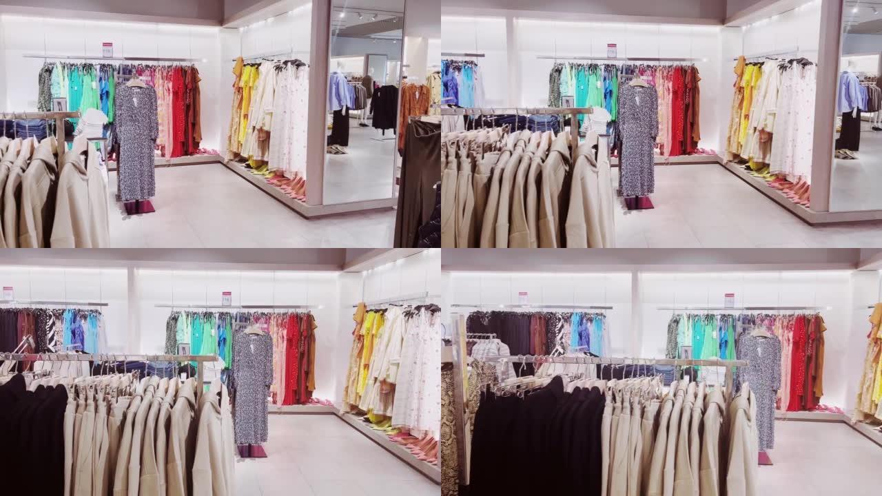 时装，零售和购物，豪华购物中心服装店的服装产品和配件分类