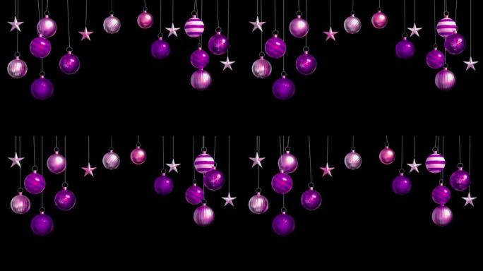 动画紫色球隔离在黑色背景上，用于设计圣诞节或新年模板。