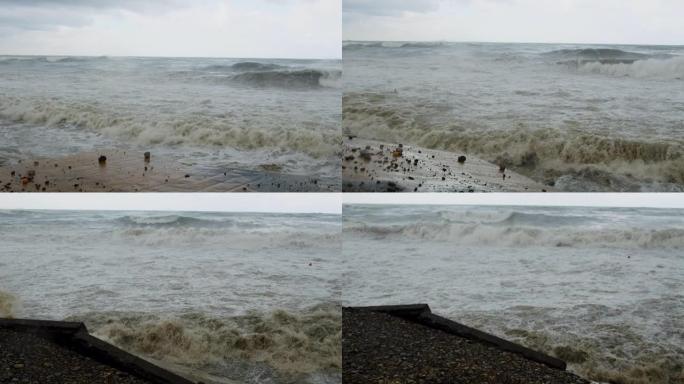 海岸线公路板块在暴风雨中坠入海中