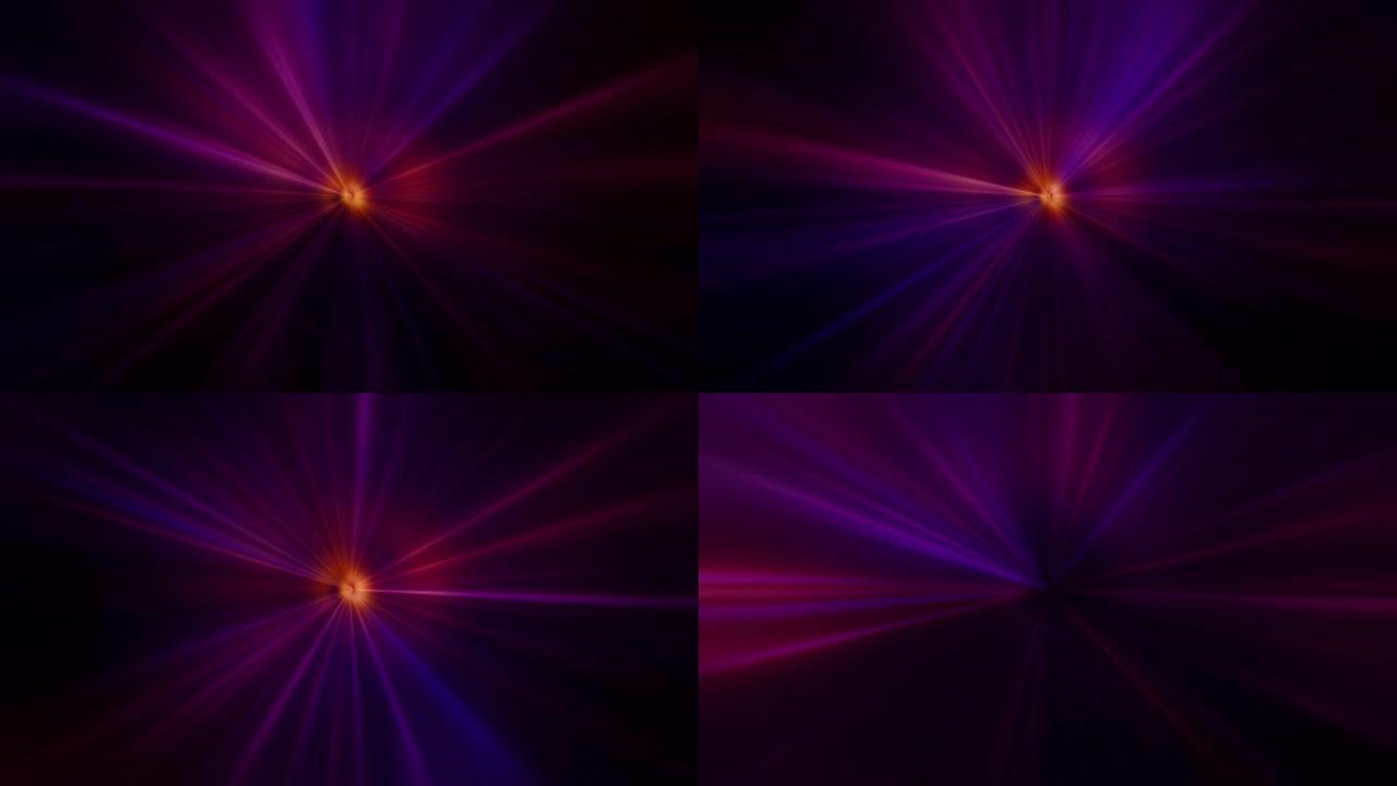 橙色紫色闪耀光辐射背景的抽象动画。带有闪亮的橙色紫色渐变光束的抽象运动背景。实时壁纸背景
