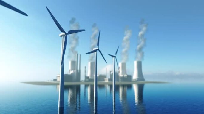 背景中风力涡轮机和核电站的动画