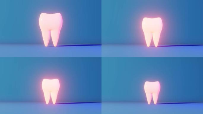 牙痛3D循环动画霓虹灯浅蓝色背景。白色健康牙齿模式磨牙与疼痛。全国牙医日智齿拔牙口腔护理恢复。牙科保