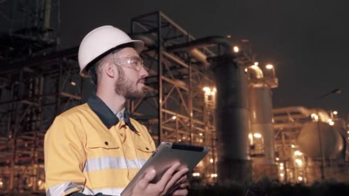 男主管利用数字平板电脑配合未来派现实技术夜间检查石化厂