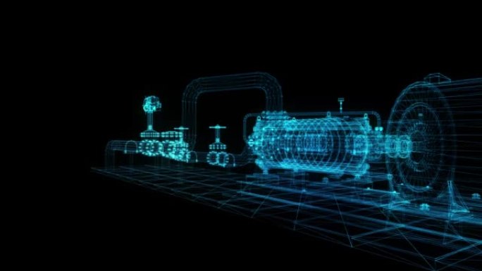 工业设备电动阀。线框。数字技术3d渲染360度旋转。