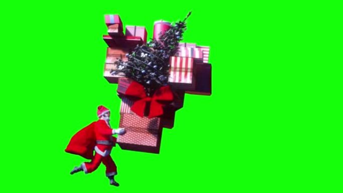 圣诞老人正在奔跑，急于携带带有圣诞节礼物的邮包循环在绿色背景上渲染3d