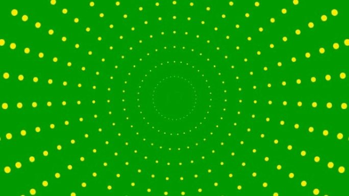 动画增加的黄点从中心开始旋转。矢量插图孤立在绿色背景上。