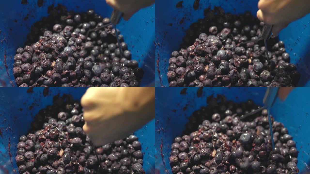 压碎蓝莓，制成特写酒。