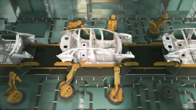 车厂3D概念: 自动化机械臂装配线制造高科技绿色能源电动汽车。自动施工，焊接工业生产输送机。前视图。