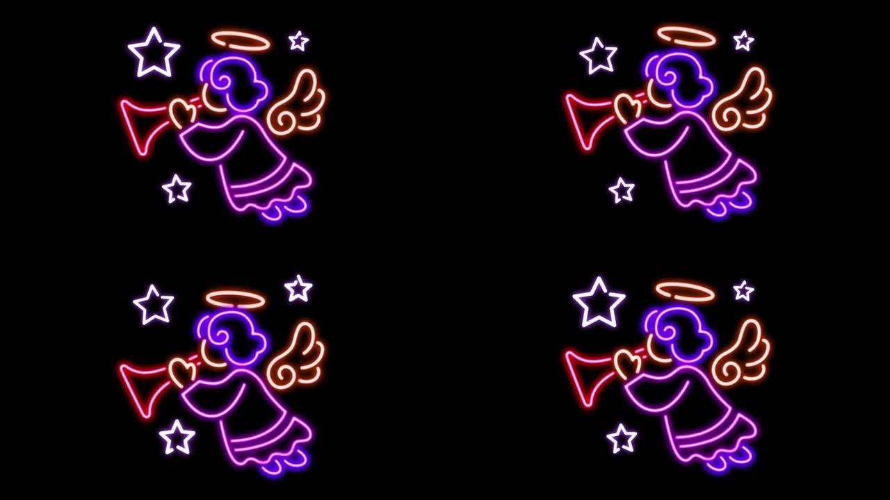 动画紫色霓虹灯丘比特浮动隔离情人节背景。