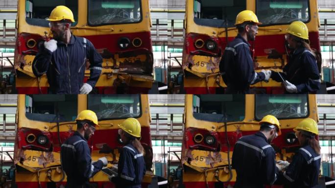 工程师在检查火车发动机的过程中，请准备好在火车站使用机器。工程师穿着安全服和头盔，以按标准安全地工作