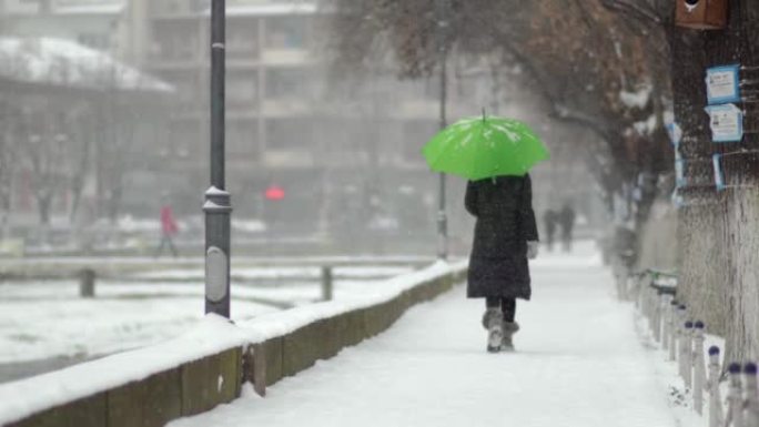 下雪时，年轻女子在公园里打着雨伞走在人行道上，暴风雪使一切都变白了