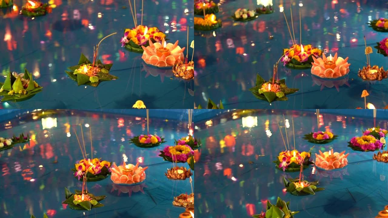 洛伊克拉通节。用鲜花点燃蜡烛制成的克拉通，漂浮在河上