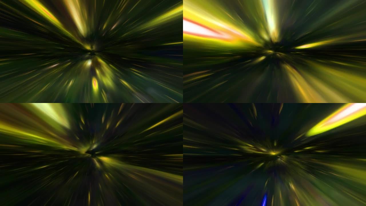 4k抽象彩色和黑暗超空间经纱隧道穿越时空动画。循环科幻星际旅行穿过超空间涡旋隧道中的虫洞。抽象传送速