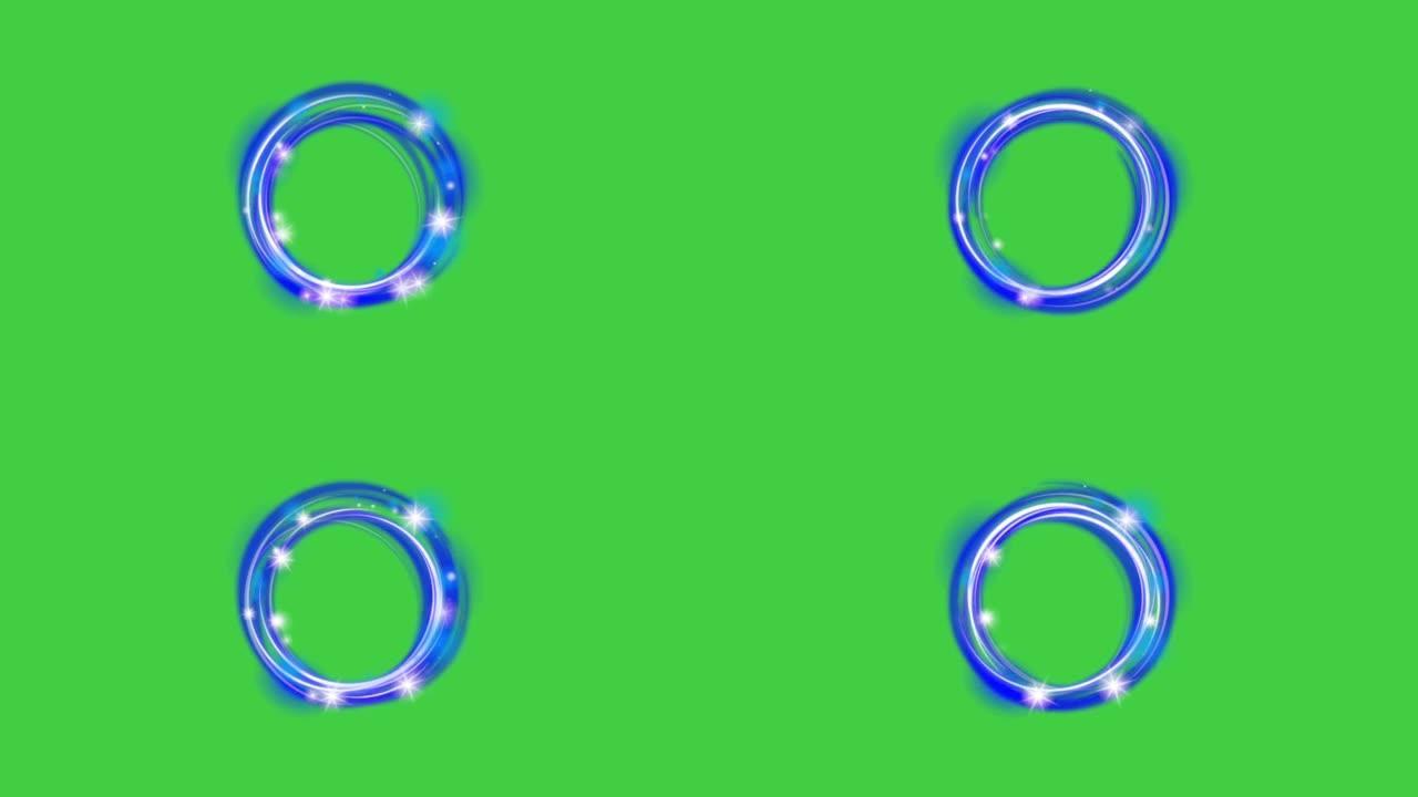 绿色屏幕背景上发光的蓝色加载圈的动画