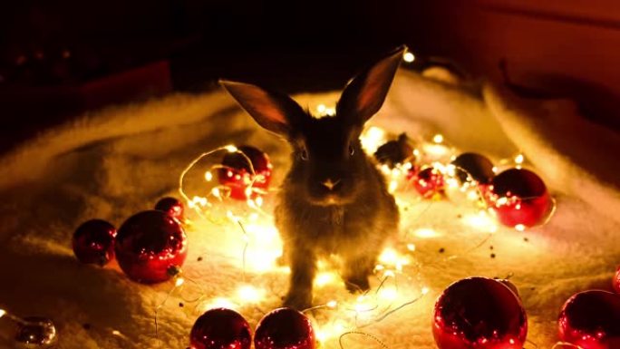 一只黑色的小兔子坐在花环灯和红色的圣诞球之间看着相机。大气的新年心情。野兔是东历2023年年的象征。