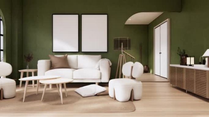 绿色房间橱柜木质室内wabisabi和扶手椅沙发和装饰日式。3d渲染