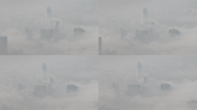平流雾中的威海市电力大厦与周边楼房