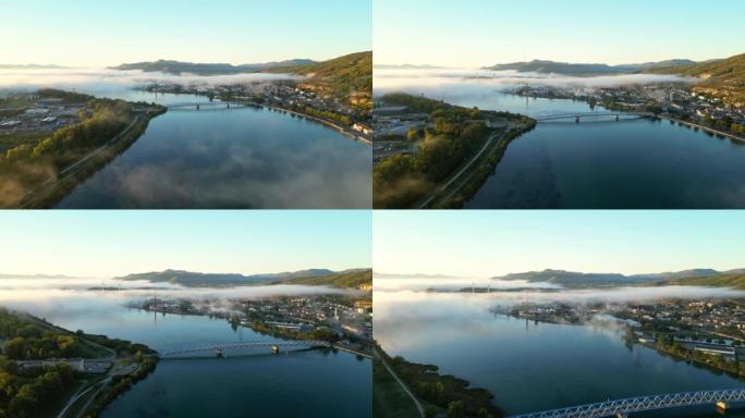 早晨，沿着罗纳河 (Rhone River) 的航班俯瞰Le Pouzin镇，水面上有浓雾