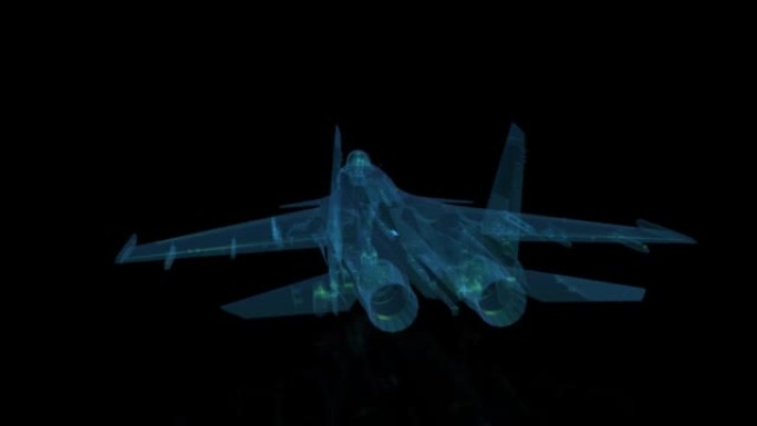 战斗机从抽象x射线飞行。旋转无缝循环。三维数字技术可视化。循环运动的动画