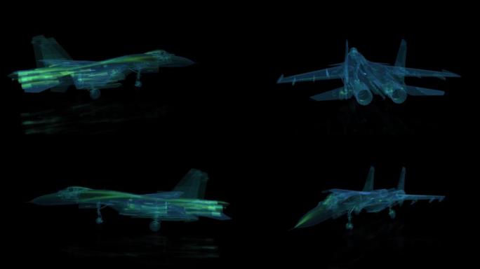 战斗机从抽象x射线飞行。旋转无缝循环。三维数字技术可视化。循环运动的动画