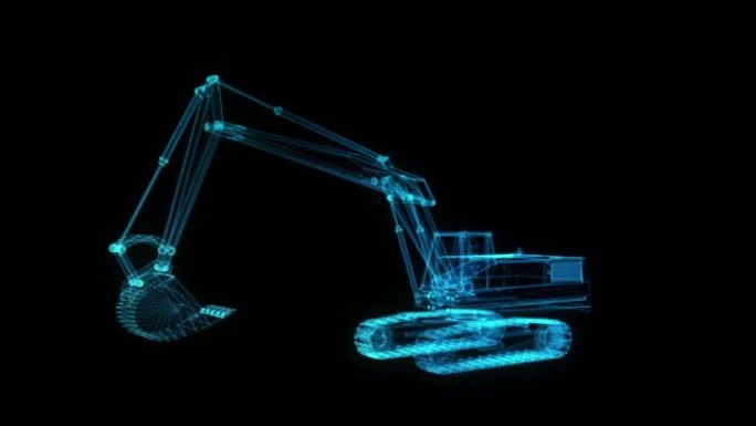 挖掘机机器模型的发光蓝光粒子点。3d虚拟空间中的无缝循环运动动画。技术运动概念
