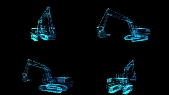 挖掘机机器模型的发光蓝光粒子点。3d虚拟空间中的无缝循环运动动画。技术运动概念
