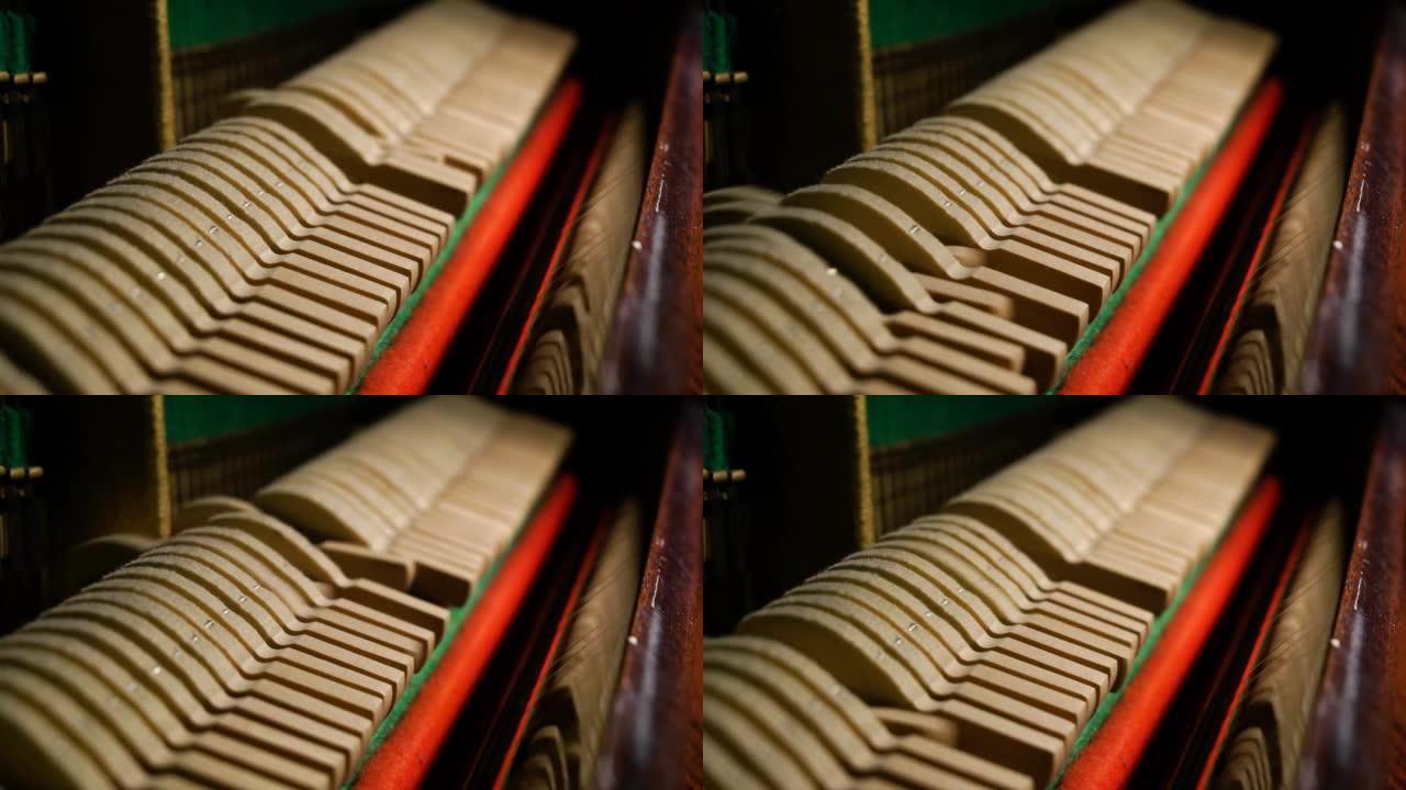 在钢琴里面。钢琴内部的细节与悍马和弦乐。在钢琴里看。乐器弦。fortepiano的许多钢琴锤形成了旋