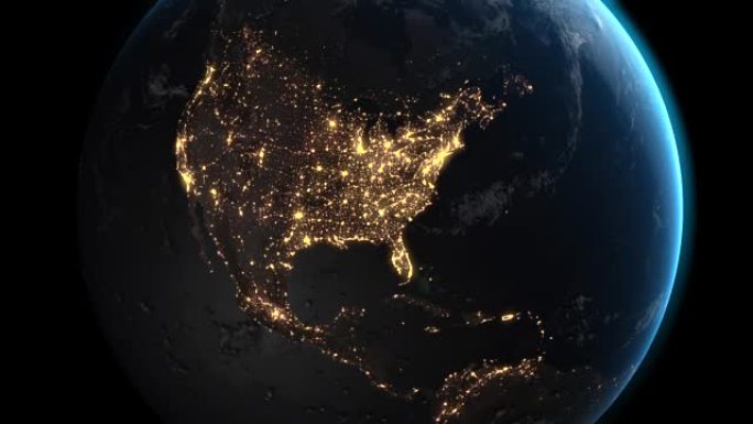 地球地球从太空拍摄，夜间飞越北美，孤立在黑色背景，全高清