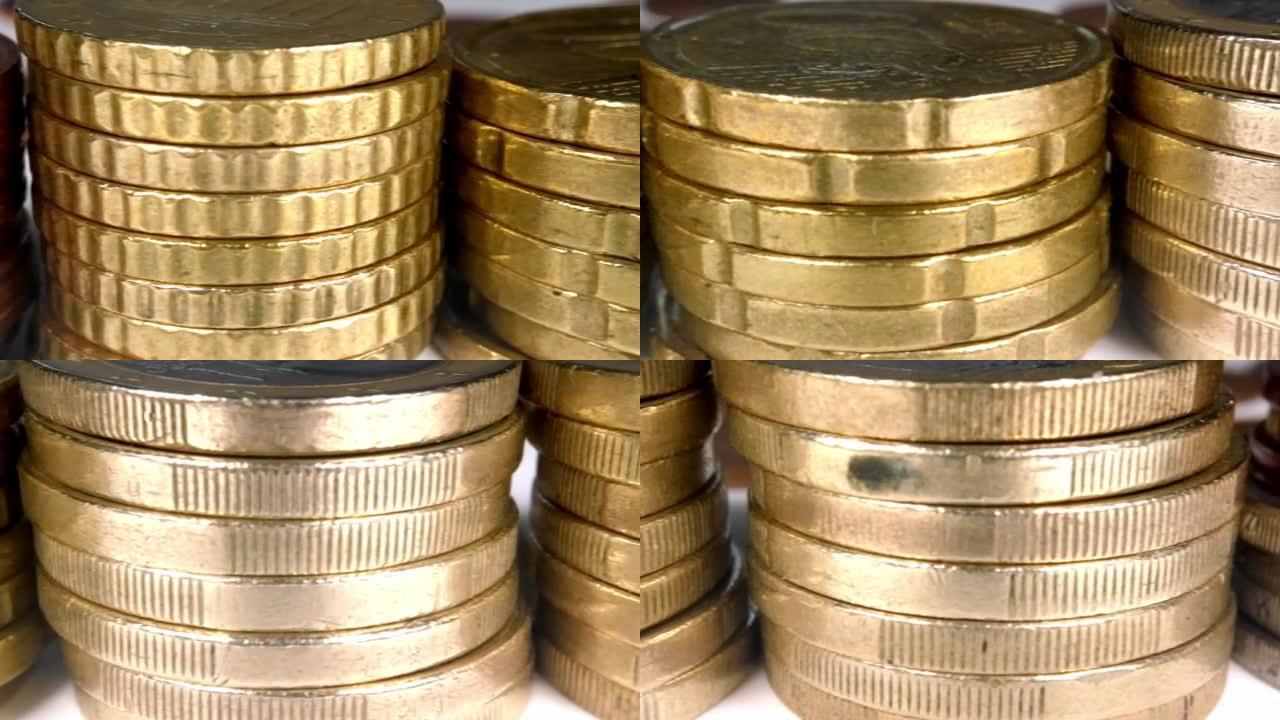 欧盟使用的许多硬币叠的全景。欧元硬币背景。