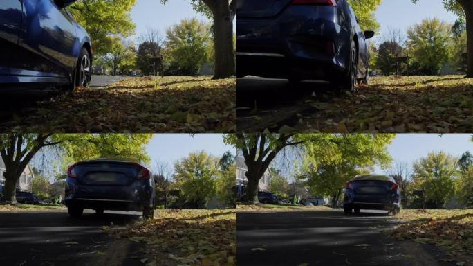 蓝色汽车慢动作驾驶，飘扬秋叶，鲜艳的色彩，低角度特写