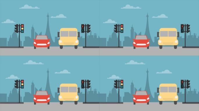 道路上的交通信号灯下等待的汽车和校车的2D动画