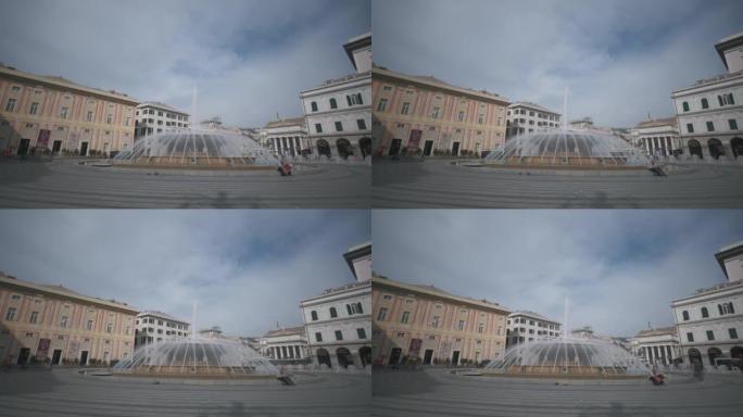 热那亚·德·法拉利广场延时。热那亚，杜卡莱博物馆宫殿，喷泉。